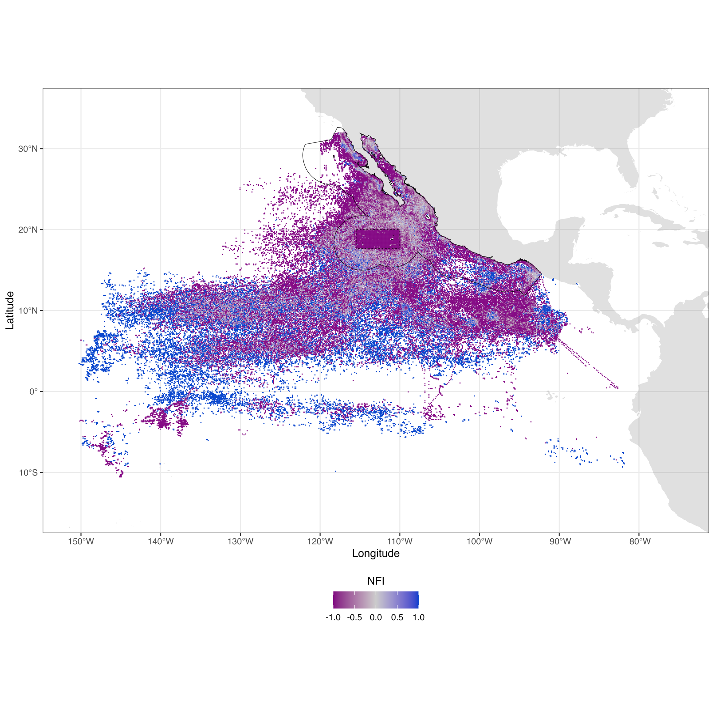 The difference in fishing effort (fishing hours per vessel): purple, decrease in fishing, and blue, increase in fishing; before (2014-2017), and after (2018-2021) the MPA’s implementation.